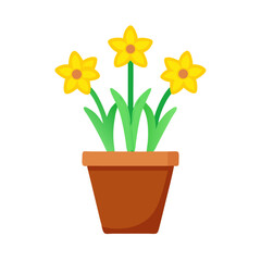 Three cartoon yellow daffodil flowers in a brown pot on white
