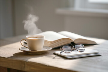 Warm Cafe Morning Study Desk with Steam Rising Coffee and Pomodoro Timer Ambience
