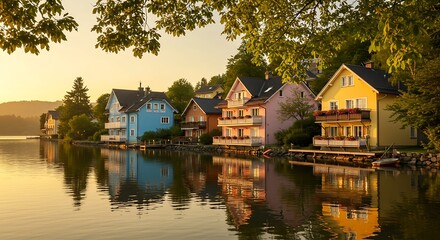 Fototapeta premium Warm Scenery of Colorful Cottages by the Lake at Dusk