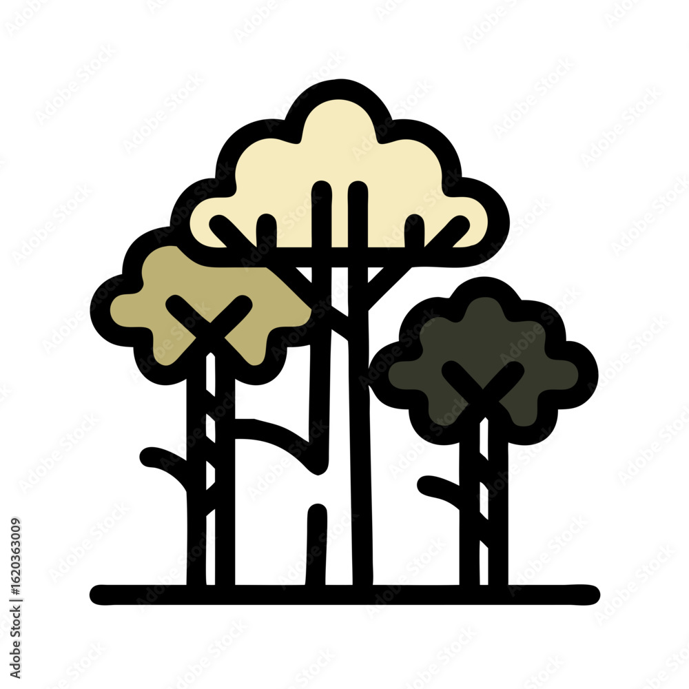 Poster illustration of three stylized trees with different colored leaves in a grouping