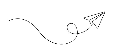 Paper airplane in one continuous line art style isolated outline graphic illustration