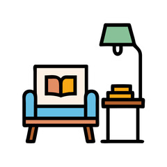 Stylized illustration of a reading nook with armchair lamp and books