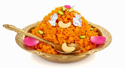  traditional Indian Gujarati sweet carrot halwa also known in India as Gajar ka halwa or Gajrela burfi in dish with pistachio, saffron, silver foil, rose petal topping in white background    