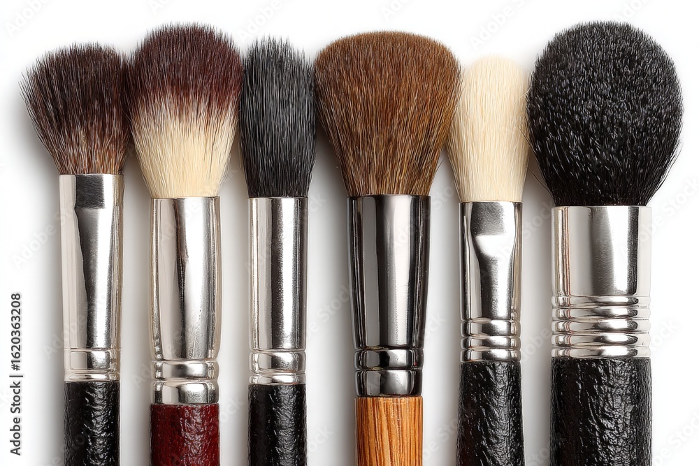 Poster various makeup brushes arranged neatly on a white surface showcasing different styles and bristle ty