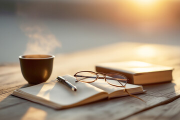 Warm Cafe Morning Study Desk with Steam Rising Coffee and Pomodoro Timer Ambience
