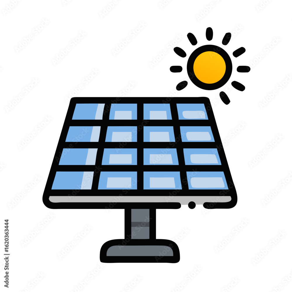 Poster illustration of a solar panel array with a sun in the background
