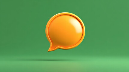 Playful orange chat bubble bouncing on green screen background. 3D render of glossy speech balloon icon for communication, minimal symbol for text and social media