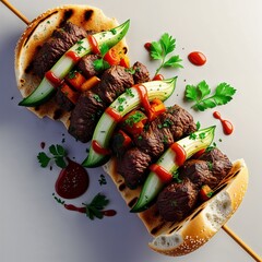 grilled meat with vegetables food pork beef barbecue lunch gourmet cuisine delicious dish grill fresh healthy kebab restaurant picnic white background isolated close-up