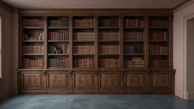Grand wooden bookshelf filled with antique books library interior design and home study background with warm lighting for reading and relaxation