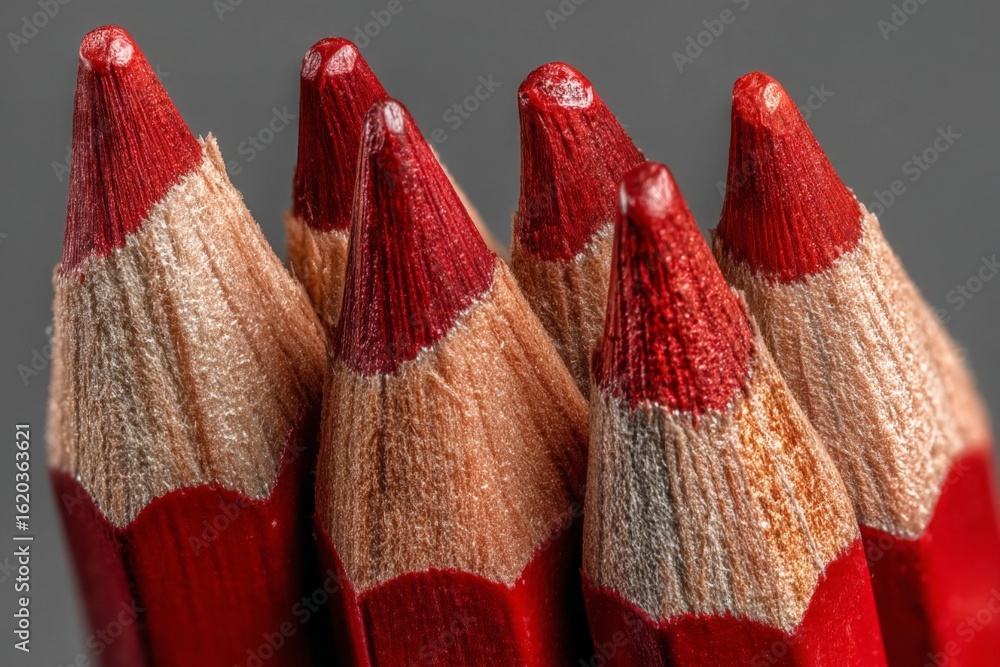 Poster close-up view of red colored pencils arranged in a cluster highlighting their sharpened tips in a cr