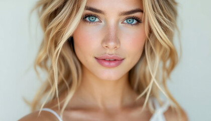 Fototapeta premium Elegant blonde woman with wavy hair and blue eyes on a white background. 