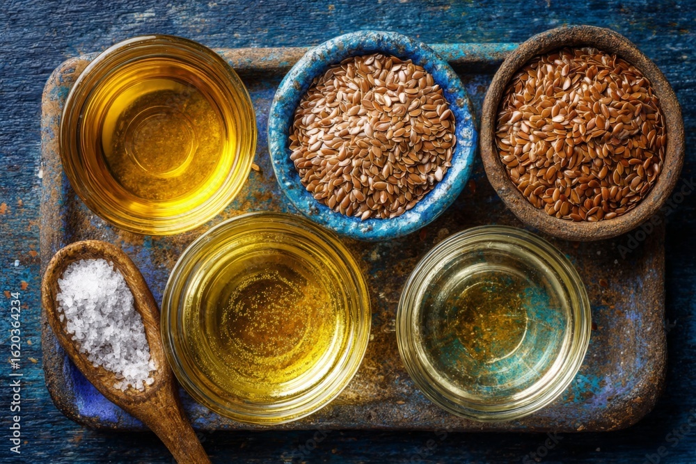 Poster aromatic oils and spices arranged on a rustic wooden tray in a warm kitchen setting with varied text