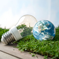 A glowing eco-friendly light bulb filled with greenery, representing renewable energy,...