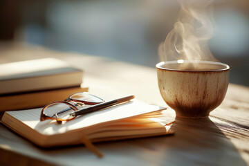 Warm Cafe Morning Study Desk with Steam Rising Coffee and Pomodoro Timer Ambience
