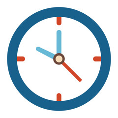 Blue clock with red and brown hands isolated on white background