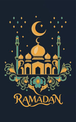 illustrations vector icon collection of Ramadan Islamic symbols items and a mosque.
