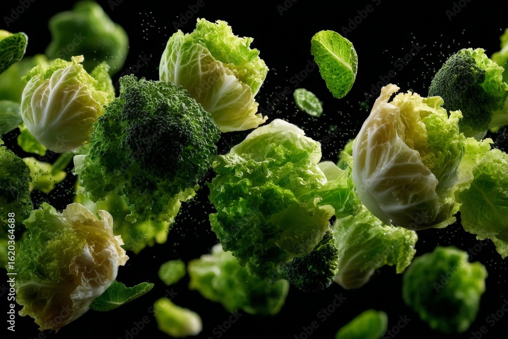 Poster fresh vegetables floating in the air creating a dynamic and vibrant arrangement for culinary inspira
