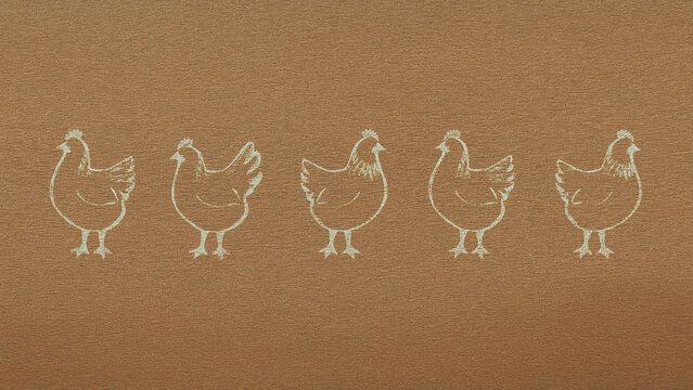 Minimalist illustration of farm animals featuring a row of chickens in a simple line drawing against a textured brown background ideal for country themed designs - Powered by Adobe