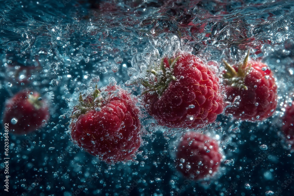 Poster raspberries bursting into water creating bubbles in a dynamic underwater scene