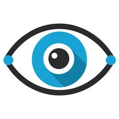 Eye icon with blue iris and black outline isolated on white background