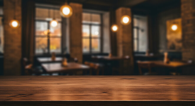 Warm, Rustic Wooden Tabletop in Blurred Cozy Restaurant Setting: Autumnal Ambiance