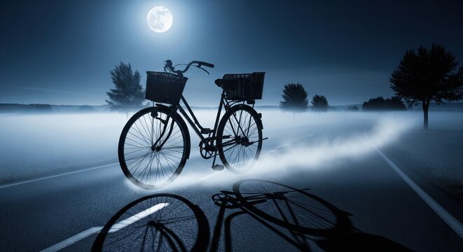 A vintage bicycle leaving a glowing trail on a foggy road at night - Powered by Adobe