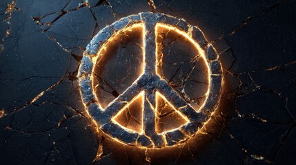 A vibrant neon peace symbol radiates  light against a textured, cracked concrete wall, creating a striking visual impact in an urban environment