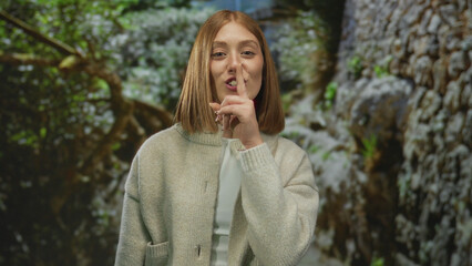 Woman with blonde hair making hush gesture in a park with lush green trees and stone walls in the...