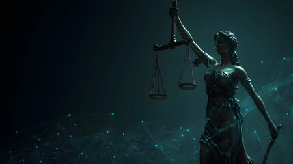 A bronze statue of justice with a digital network overlay.