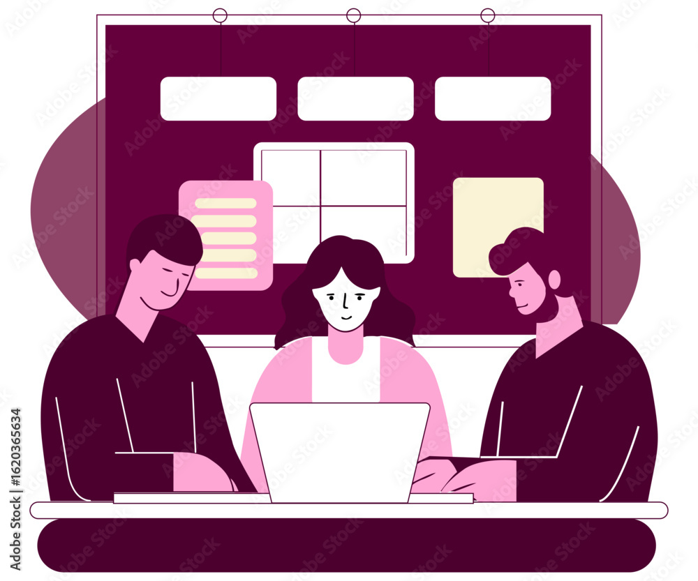 Poster mid-level managers collaborating over report reviews in a clean conference room with laptops and org