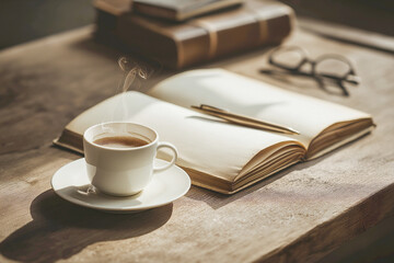 Warm Cafe Morning Study Desk with Steam Rising Coffee and Pomodoro Timer Ambience
