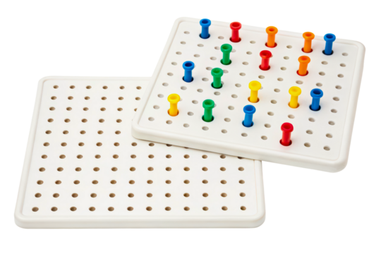 colorful educational pegboard toy with multicolor pegs on white grid isolated with transparent background