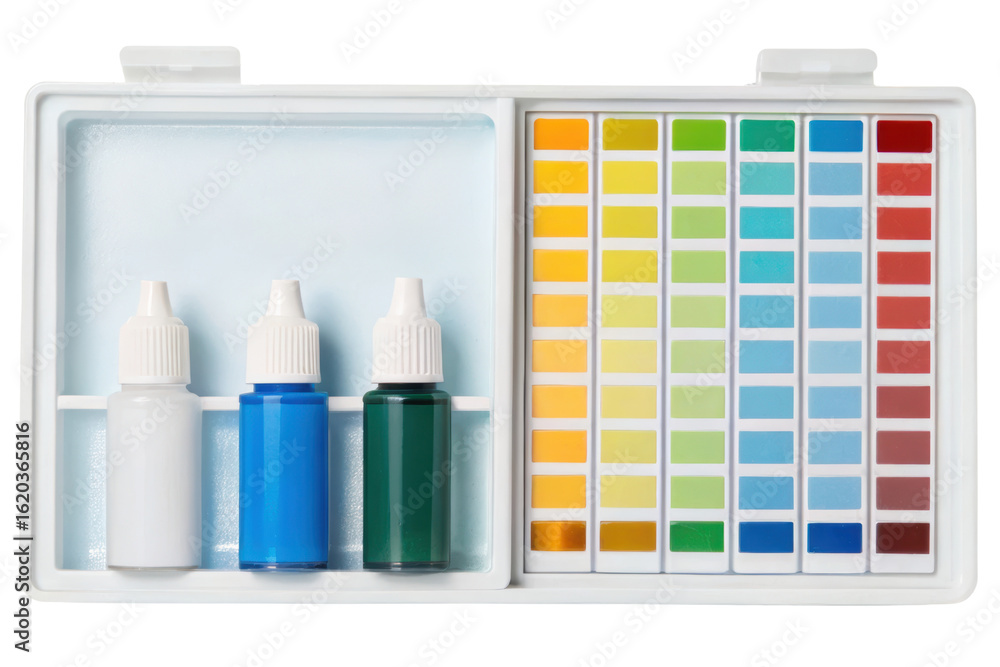 Aufkleber pool and spa water testing kit with reagents and color chart isolated with transparent background