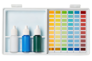 Pool and spa water testing kit with reagents and color chart isolated with transparent background