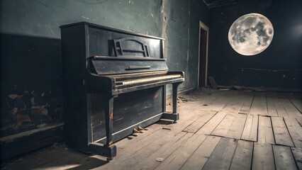 Abandoned upright piano under a full moon in a dusty room