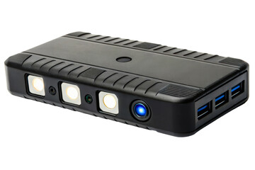 Portable car jump starter power bank with emergency flashlight isolated with transparent background