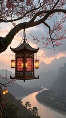 Obraz premium Traditional asian lantern hanging from cherry blossom tree over misty mountains