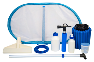 Comprehensive swimming pool cleaning kit with various tools isolated with transparent background