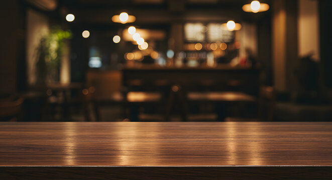 Warm, inviting wooden table top; blurred background of a dimly lit, cozy bar or restaurant at night. - Powered by Adobe