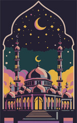 illustrations vector icon collection of Ramadan Islamic symbols items and a mosque.
