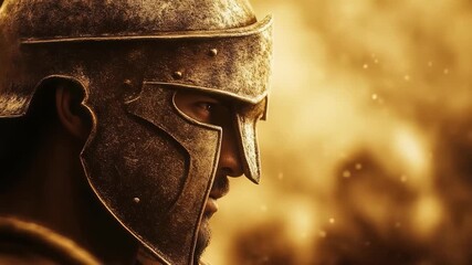 A dramatic close-up profile of a courageous Spartan warrior in a bronze helmet before an epic battle. - Powered by Adobe