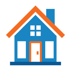 Blue house with orange roof and door isolated on white background