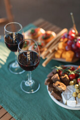 Red wine and delicious gourmet appetizers on a terrace table. 