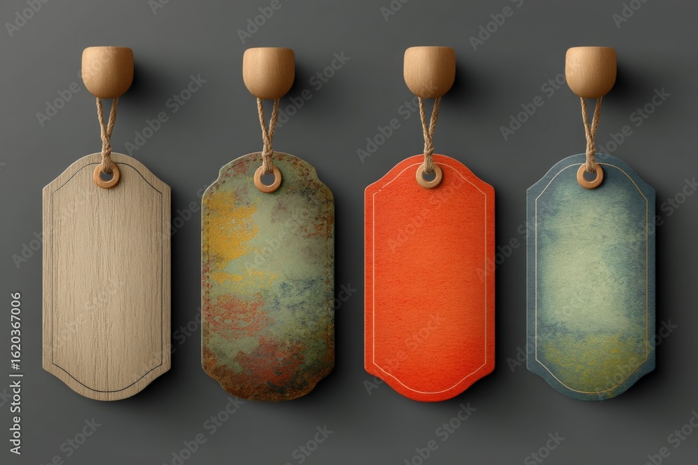 Poster decorative labels in various colors displayed against a dark background showcasing craftsmanship and