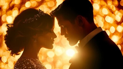 An elegant couple in love shares a romantic, passionate moment, silhouetted against a magical wall of golden lights. - Powered by Adobe