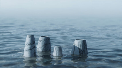Surreal seascape with minimalist marble sculptures rising from the tranquil blue water evoking a sense of mystery and serenity