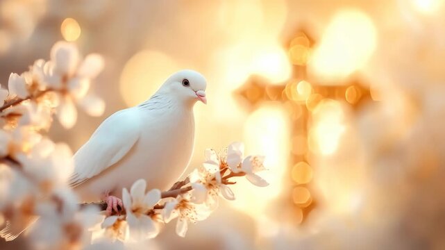 White dove on a blossom branch with a golden cross background. Peace, faith, Holy Spirit. Serene, spiritual, divine light. Ideal for Easter, funerals, religious services.
