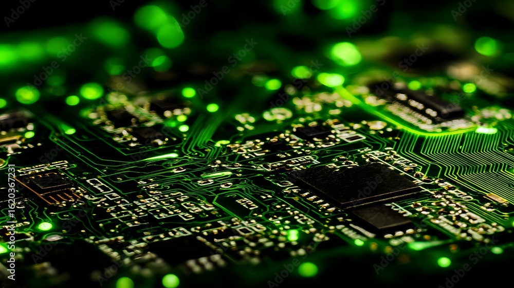 Poster close-up view of a circuit board with highlighted traces.