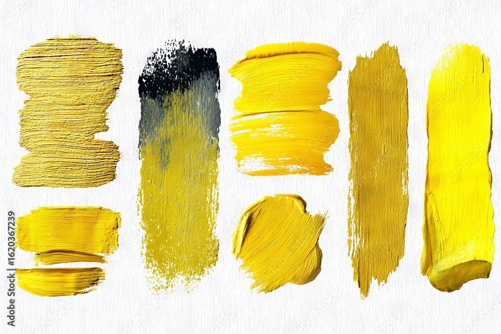 Poster collection of yellow paint strokes displaying various techniques and textures on a light background
