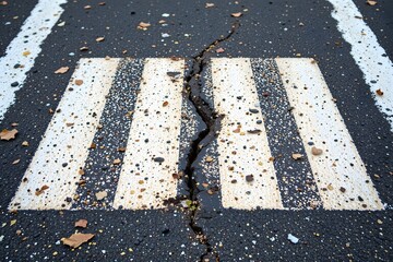 Cracked Pavement Crossing: An evocative image of a pedestrian crossing on asphalt surface, the black and white stripes are bisected by a stark crack, evoking themes of destruction and repair. 
